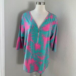Belle By Kim Gravel Womens Plus 1X Pink Green Tropical Leaf V Neck Tunic Top